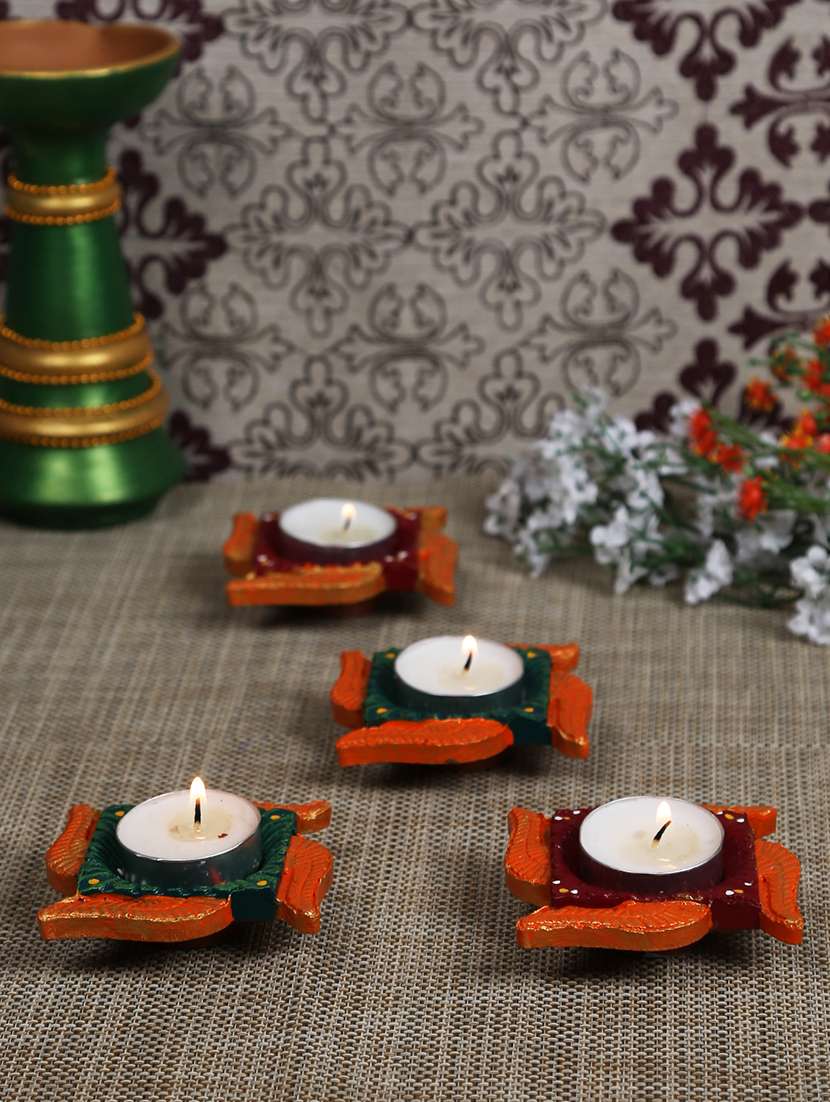 aapno rajasthan multicolor teracotta square diyas for diwali - set of 4