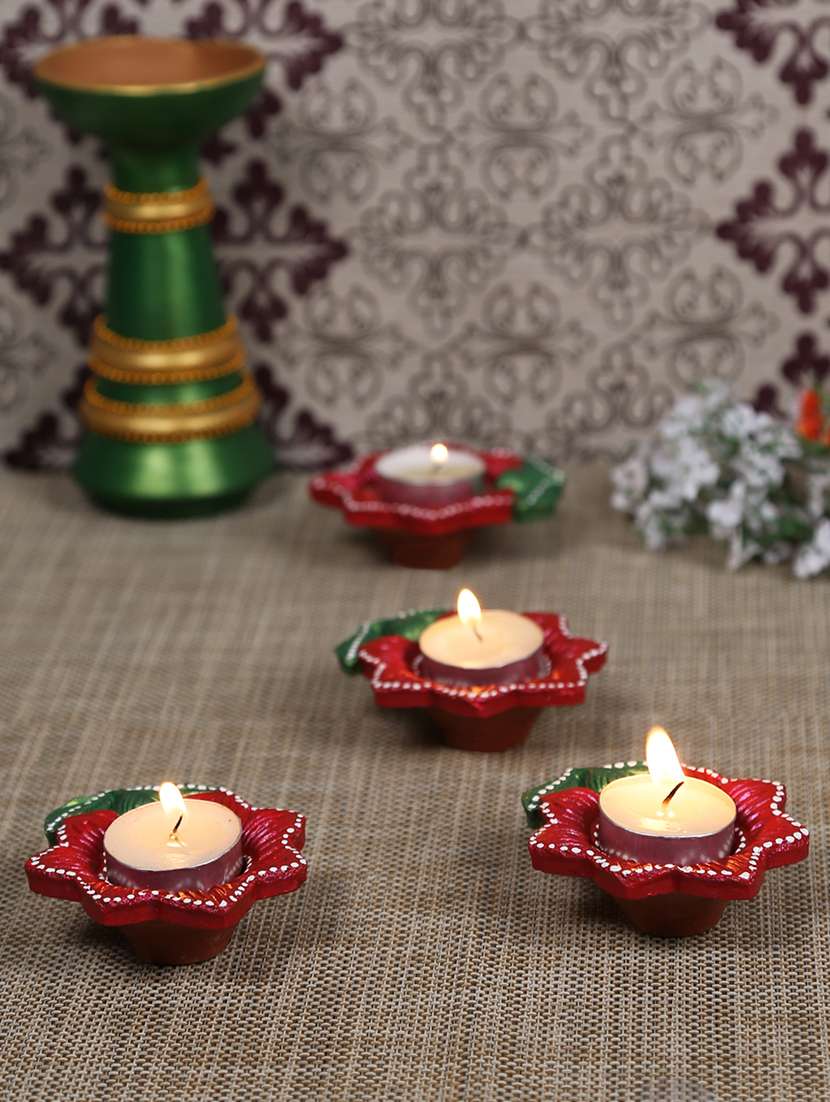 aapno rajasthan red & green teracotta floral design diyas for diwali - set of 4