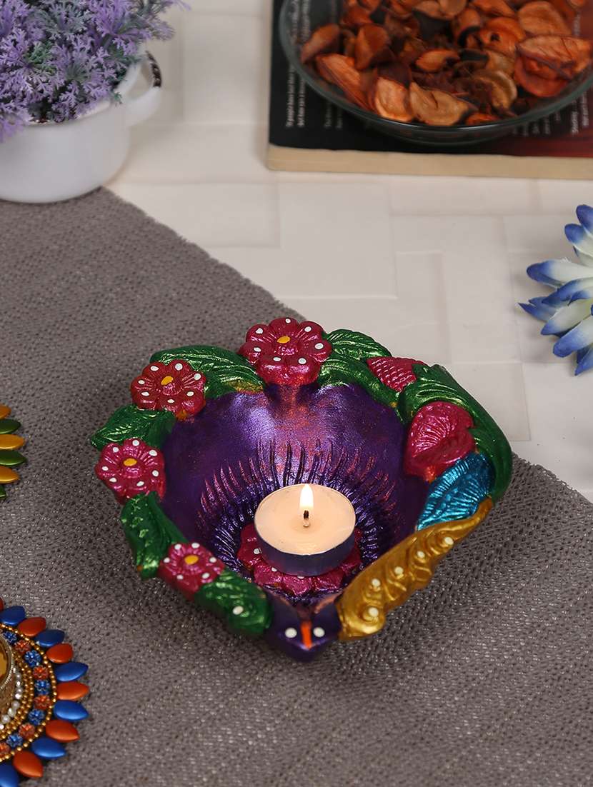 aapno rajasthan multicolor teracotta handcrafted diya for diwali in floral design- 1 pc