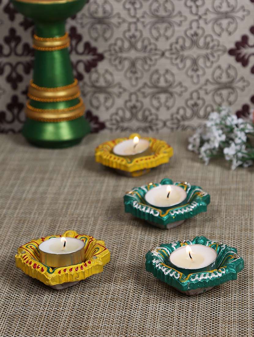 decorated handcrafted diya set in hues of green & yellow - set of 4