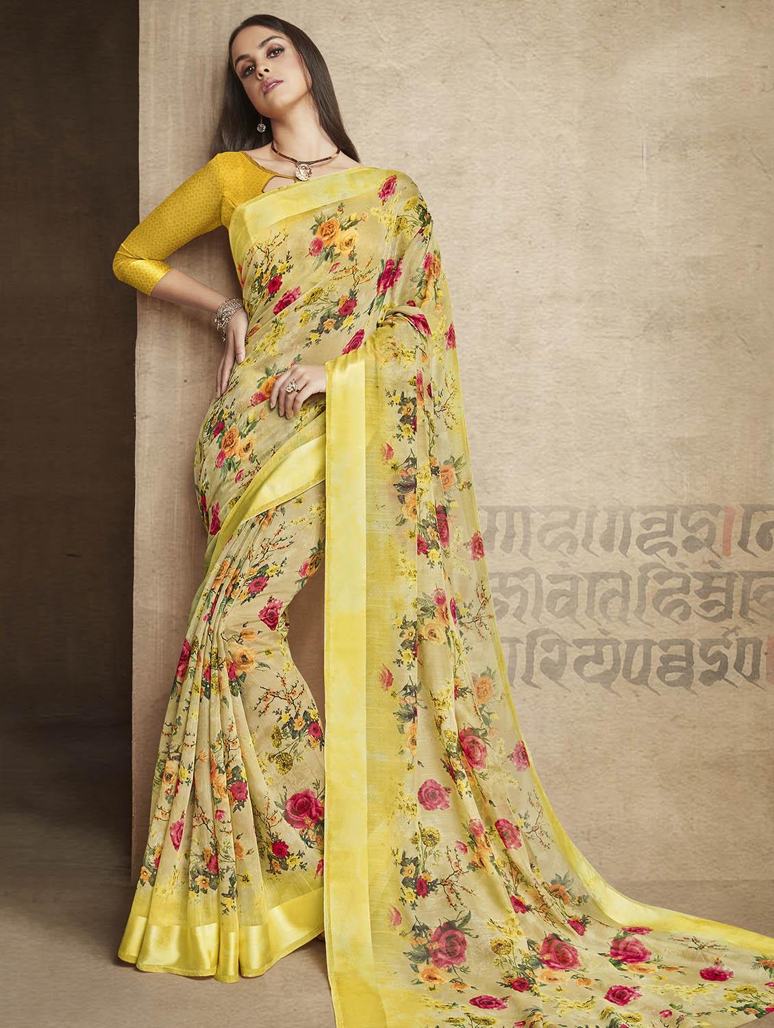 ditsy floral printed linen saree with blouse - 15565001 - Zoom Image - 0