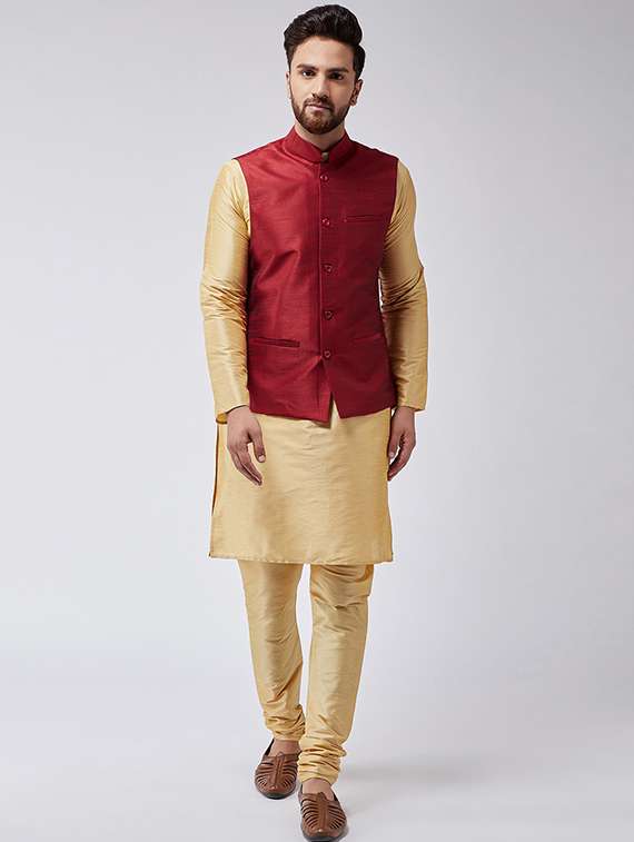 gold & maroon silk blend kurta pyjama set with nehru jacket