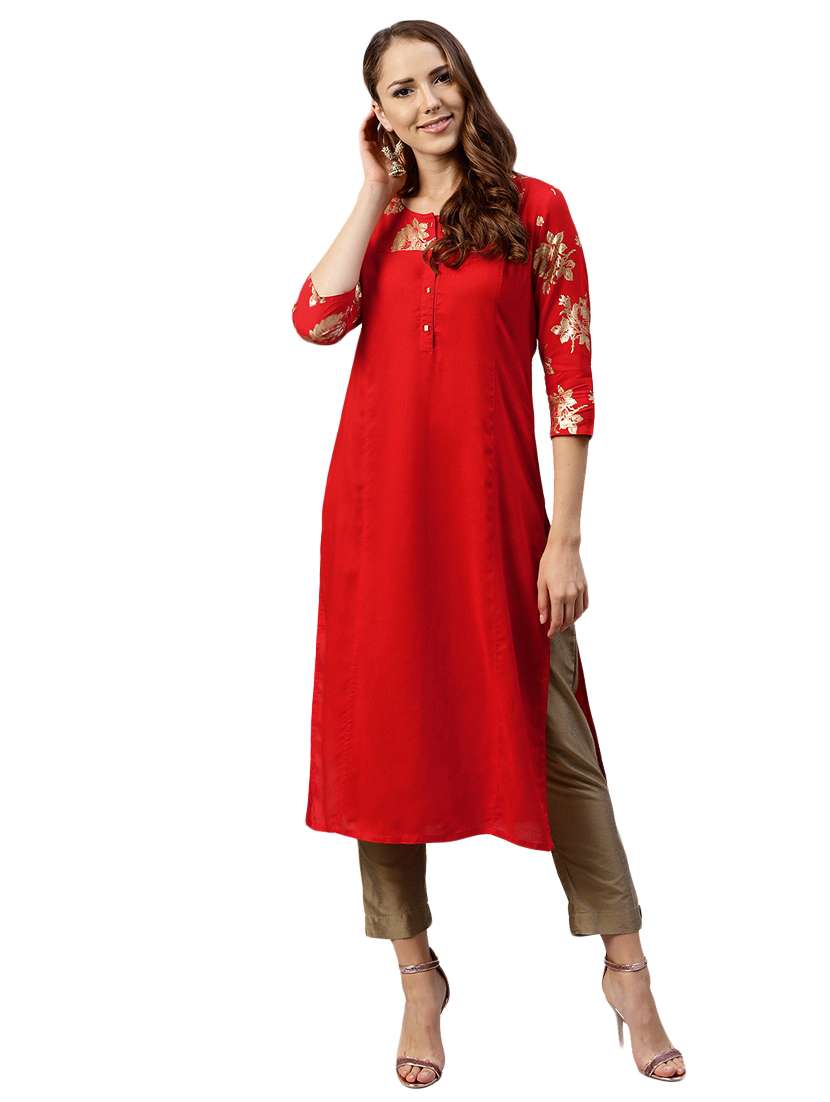 red straight solid kurta