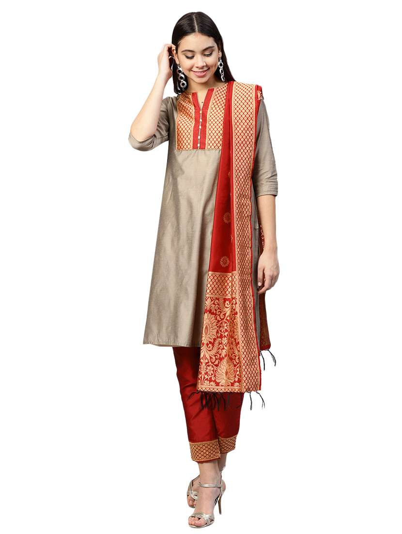 Buy online Selfdesign Chanderi Pant Suit Set from ethnic wear for
