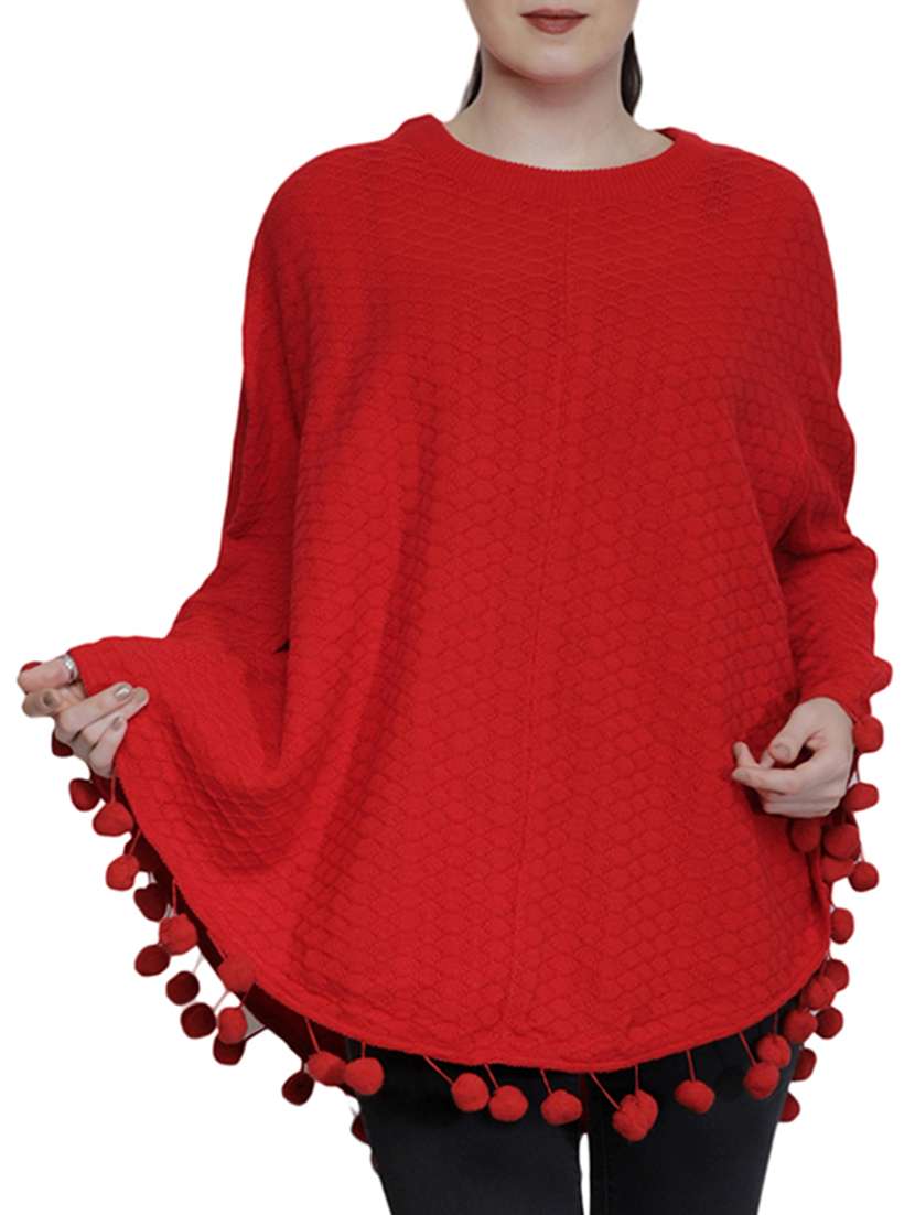pom-pom detail knitted poncho