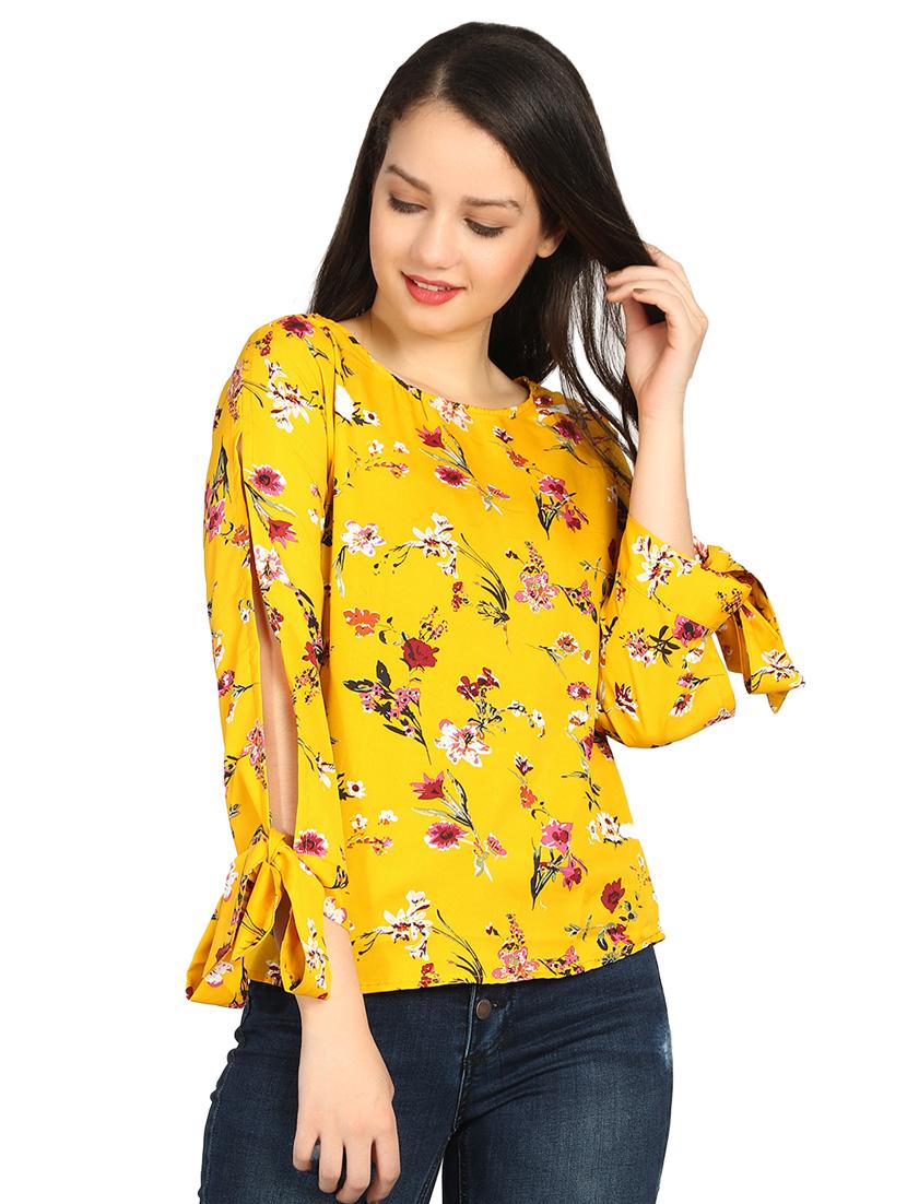 tie-knot slit sleeved floral top - 15571161 - Zoom Image - 0