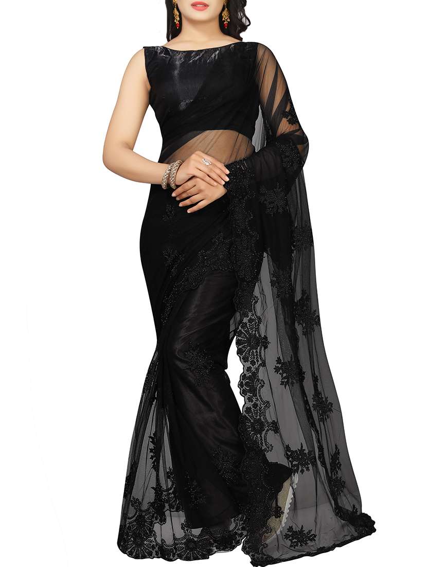 floral embroidered black saree with blouse