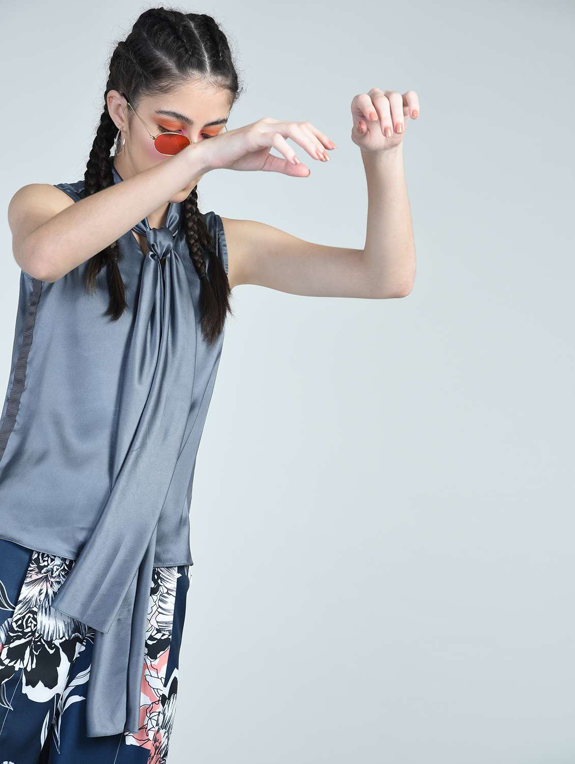 satin bow tie neck top