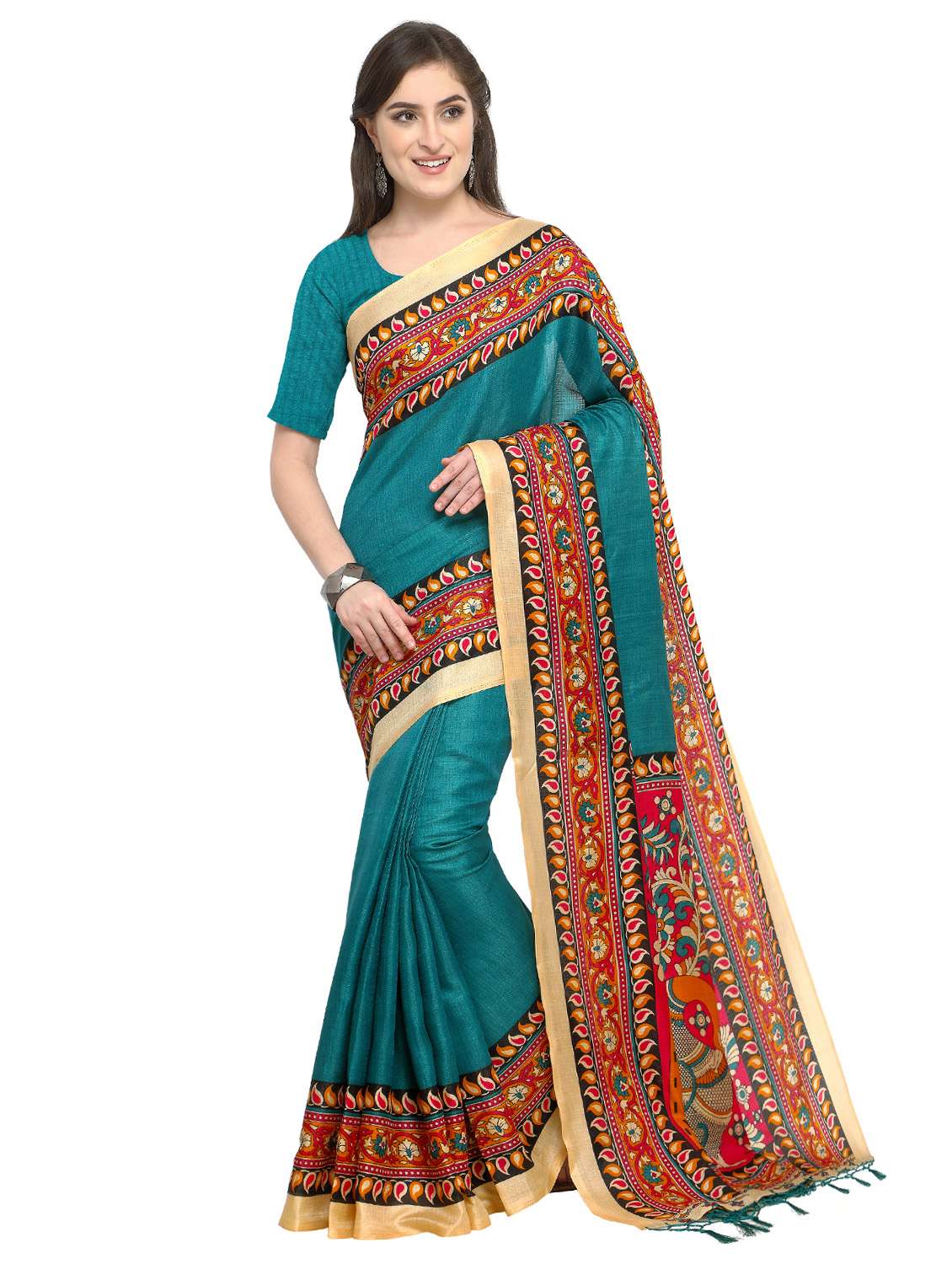 kalamkari printed border saree with blouse - 15576413 - Zoom Image - 0