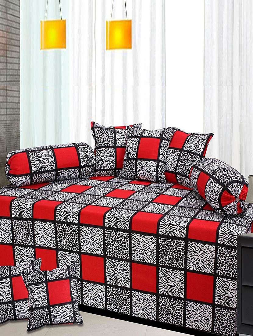 cotton 8 pcs diwan set(1 single bed sheet, 5 cushion covers & 2 bolster covers)