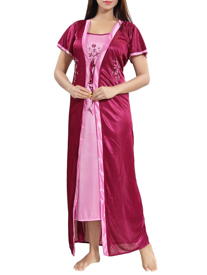 pink solid sleepwear robe and nighty set