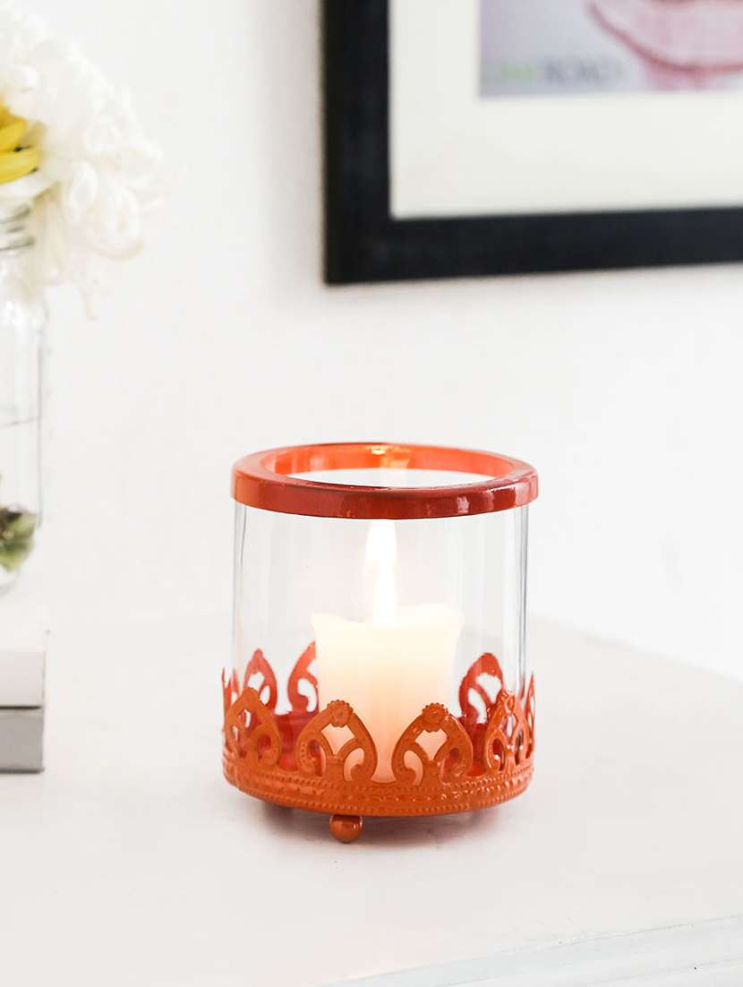 tea light cum candle holder - orange glass