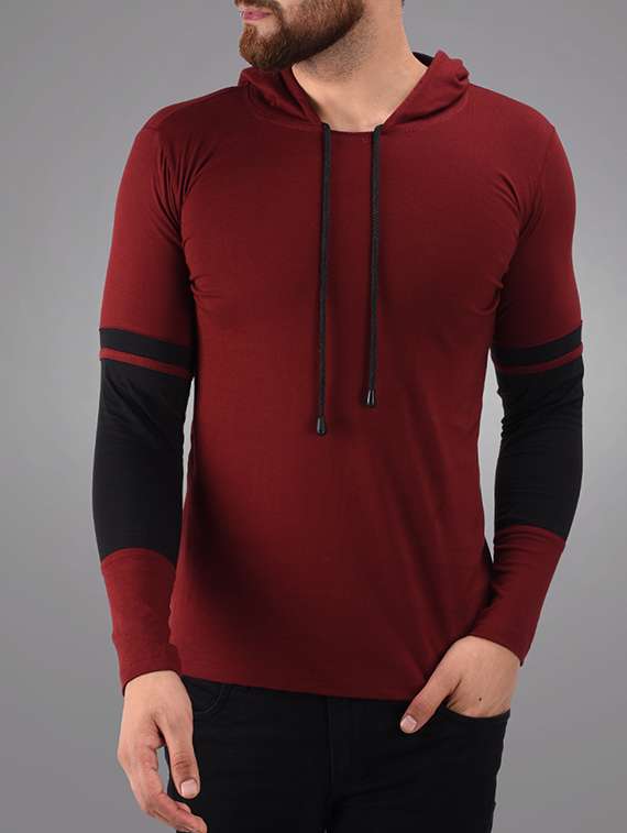 maroon cotton color block t-shirt