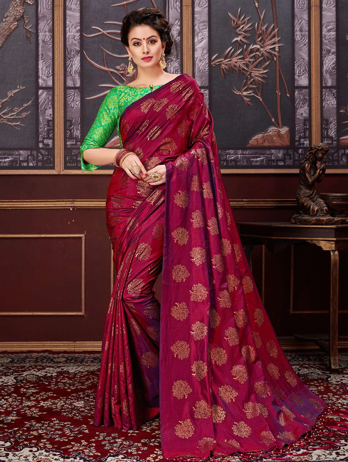 golden foil printed saree with blouse