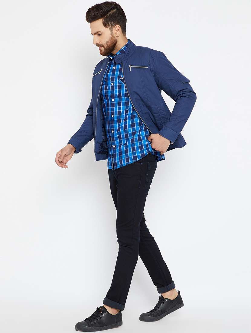 blue solid casual jacket - 15583063 -  Standard Image - 3