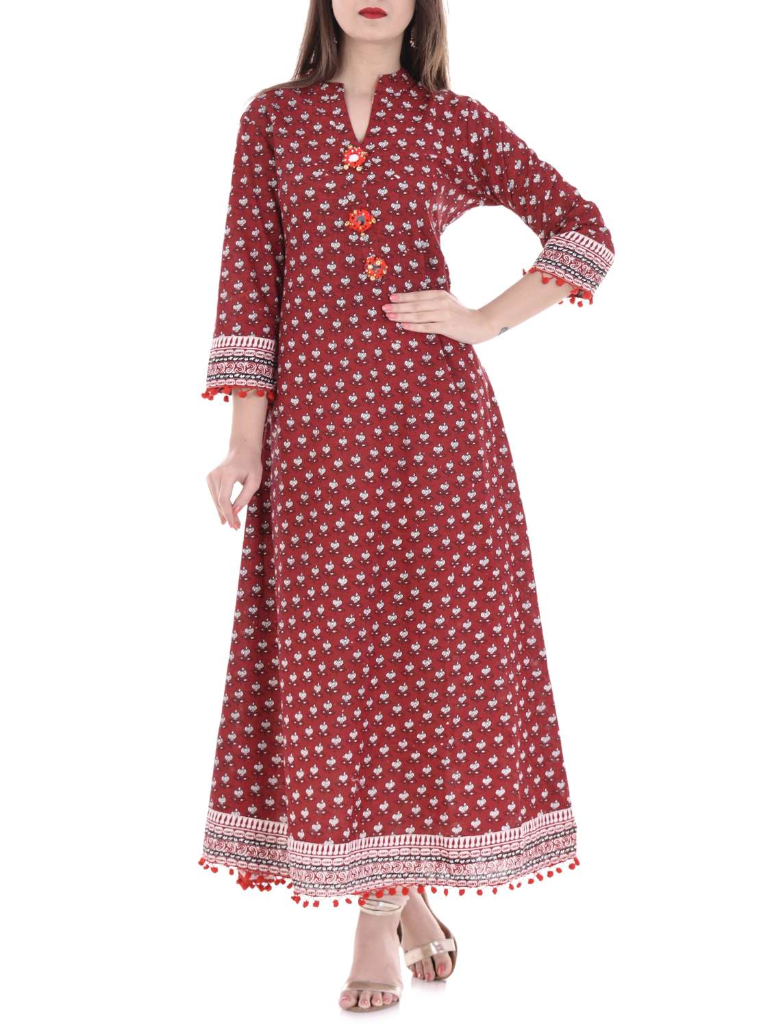 mirror work a-line printed kurta