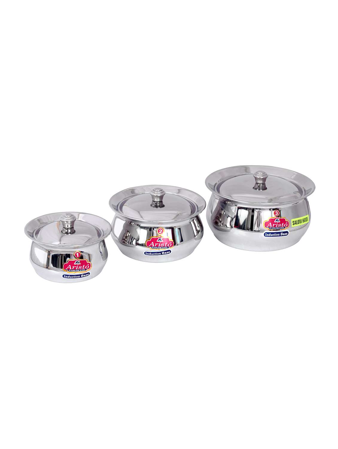 kadai induction bottom steel handi 3 pc container set 750 ml - 2.4 litres