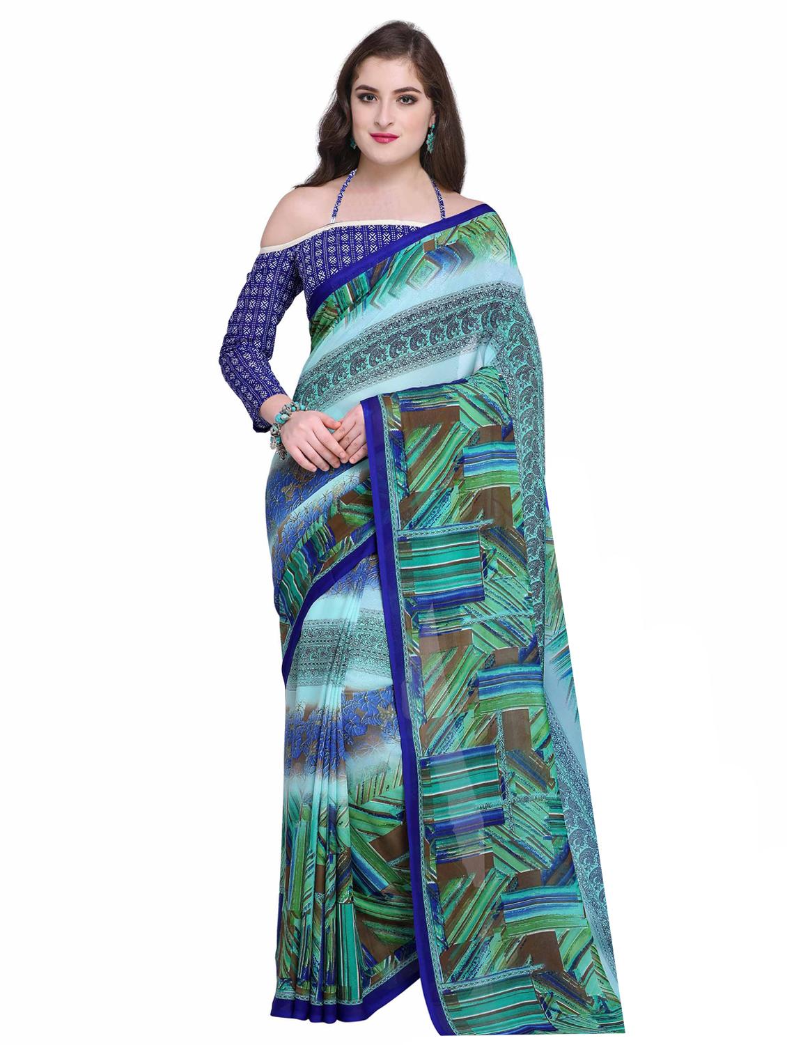 contrast bordered printed saree with blouse - 15589447 - Zoom Image - 0