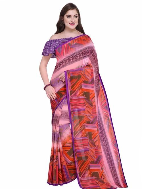 contrast bordered printed saree with blouse - 15589450 -  Standard Image - 0