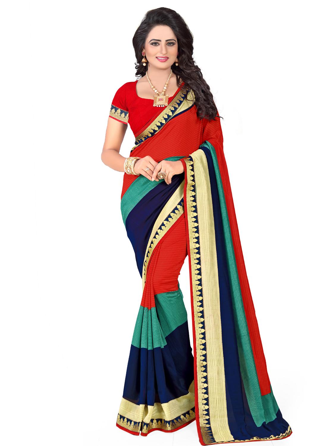 contrast bordered printed saree with blouse - 15589519 -  Zoom Image - 0
