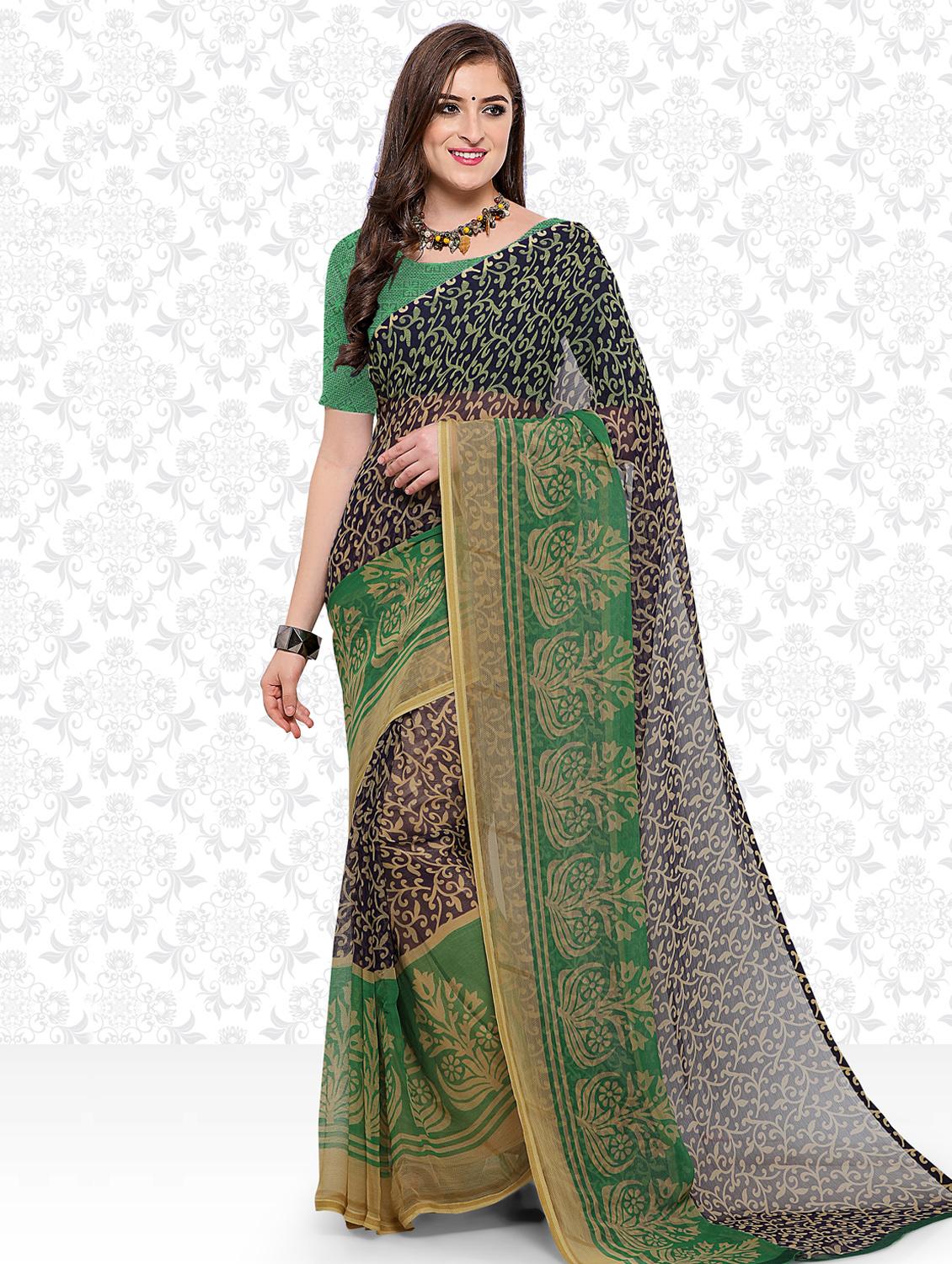 contrast bordered printed saree with blouse - 15589531 - Zoom Image - 0