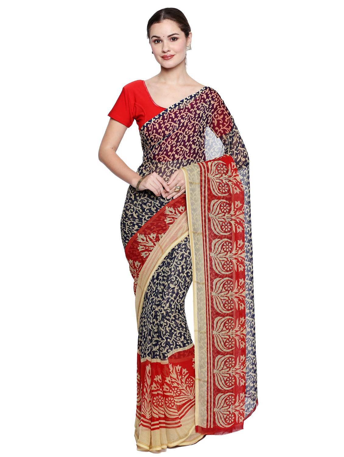 contrast bordered printed saree with blouse - 15589534 - Zoom Image - 0
