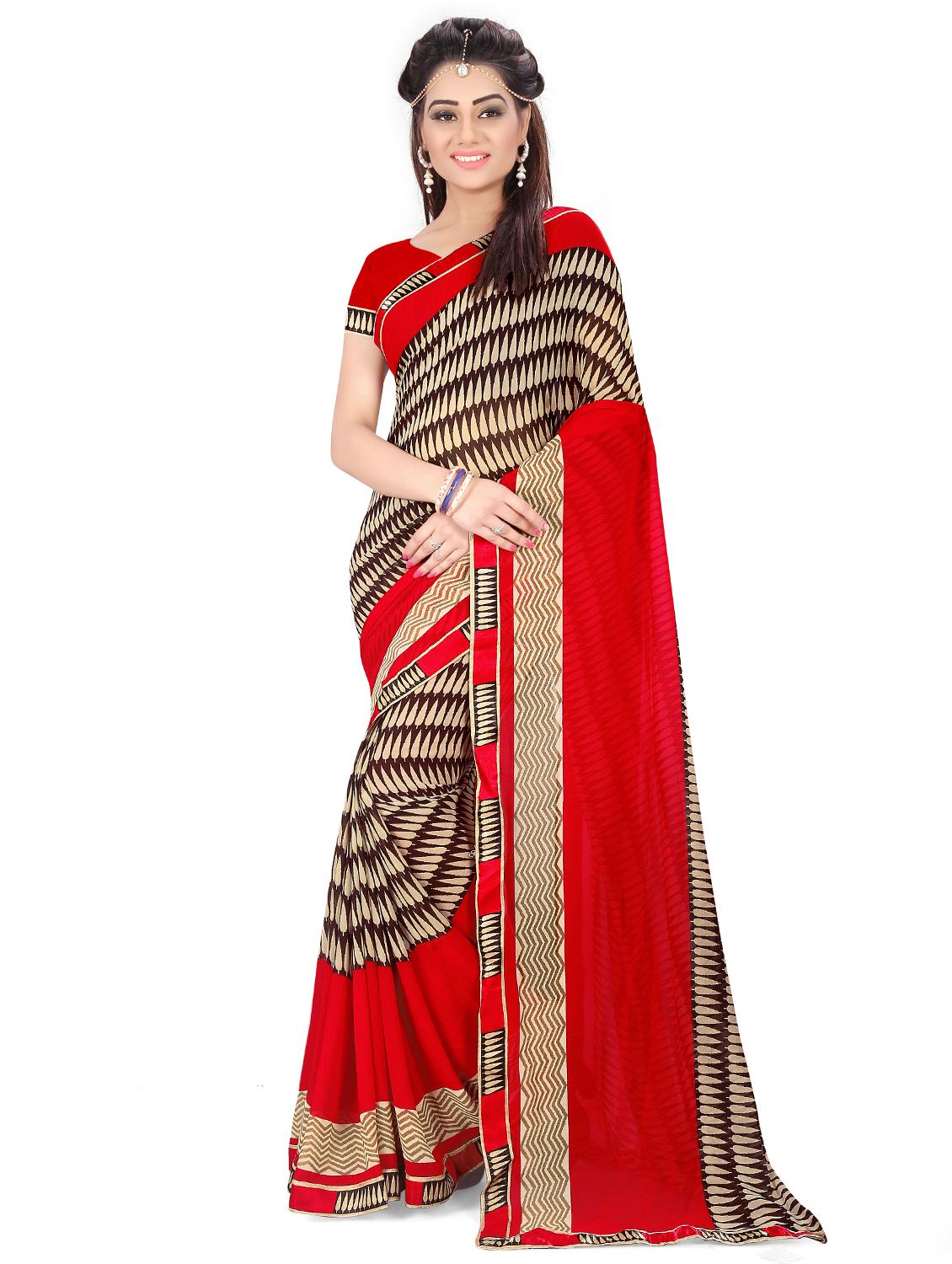 contrast bordered printed saree with blouse - 15589756 -  Zoom Image - 0