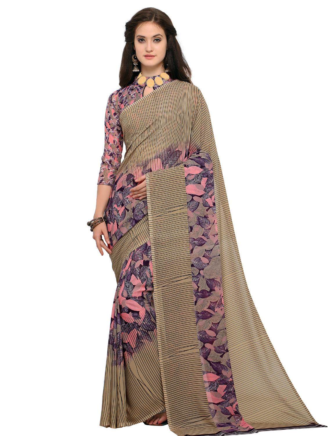 contrast bordered printed saree with blouse - 15589772 - Zoom Image - 0
