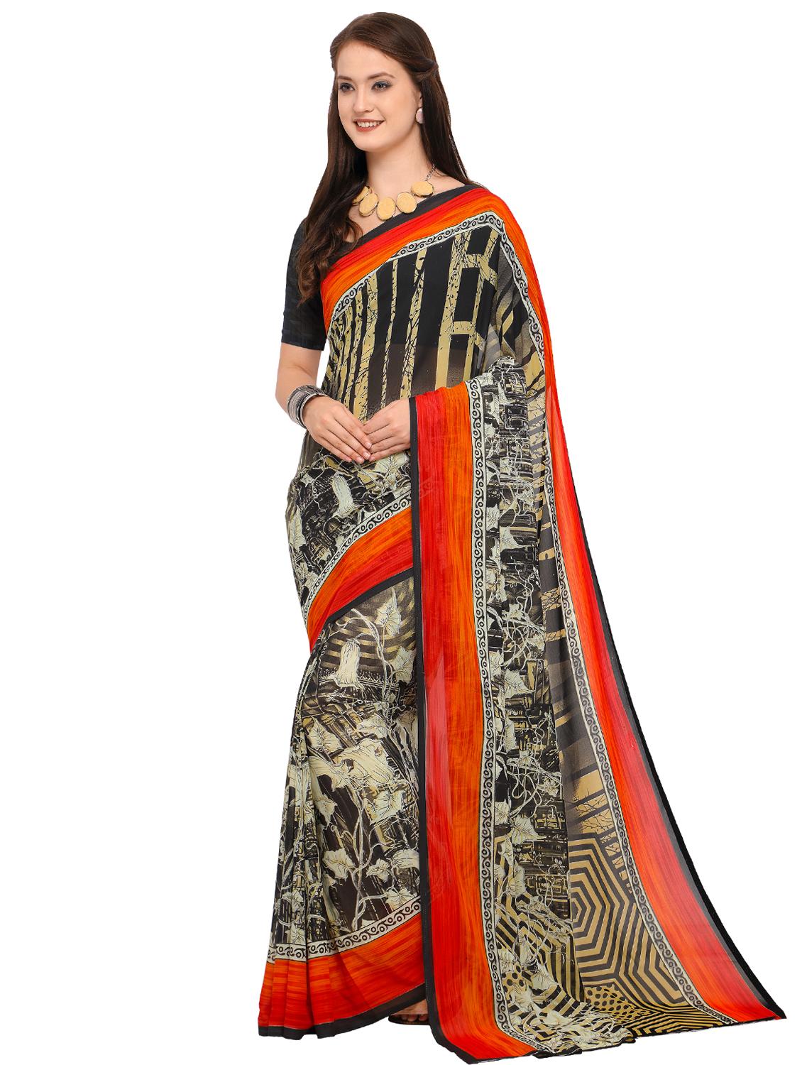 contrast bordered printed saree with blouse - 15589803 -  Zoom Image - 0