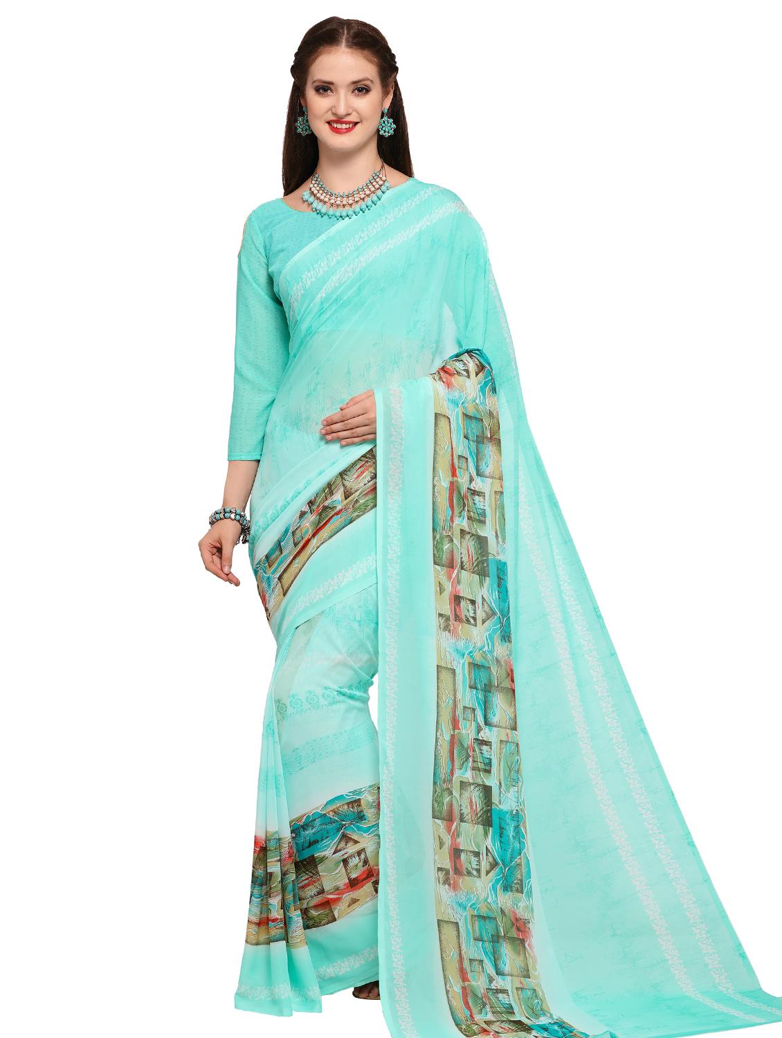 contrast bordered printed saree with blouse - 15589809 - Zoom Image - 0