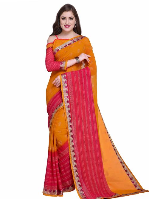 contrast bordered printed saree with blouse - 15589886 -  Standard Image - 0