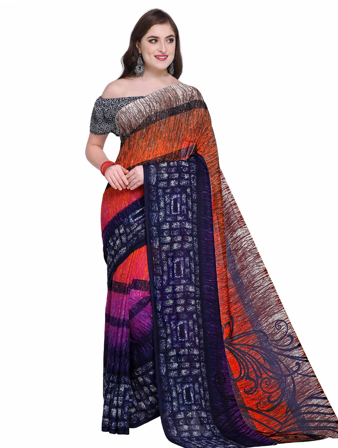 contrast bordered printed saree with blouse - 15589889 -  Zoom Image - 0