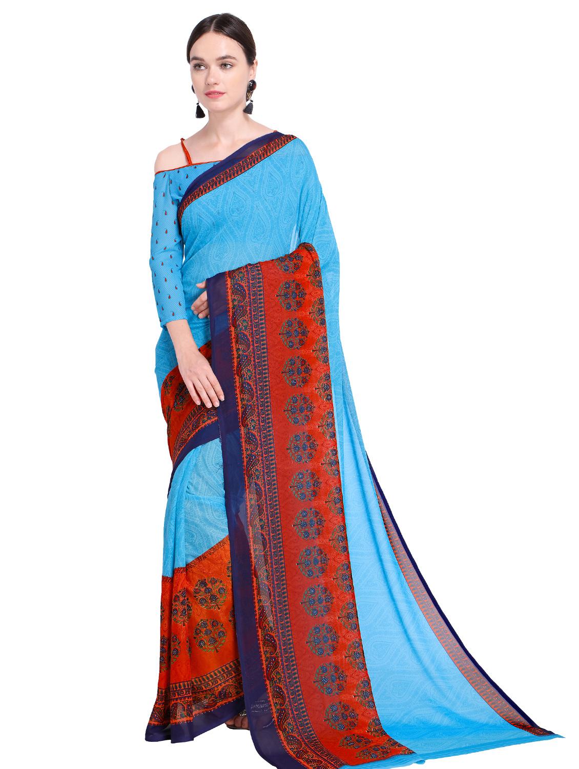 contrast bordered printed saree with blouse - 15589903 -  Zoom Image - 0