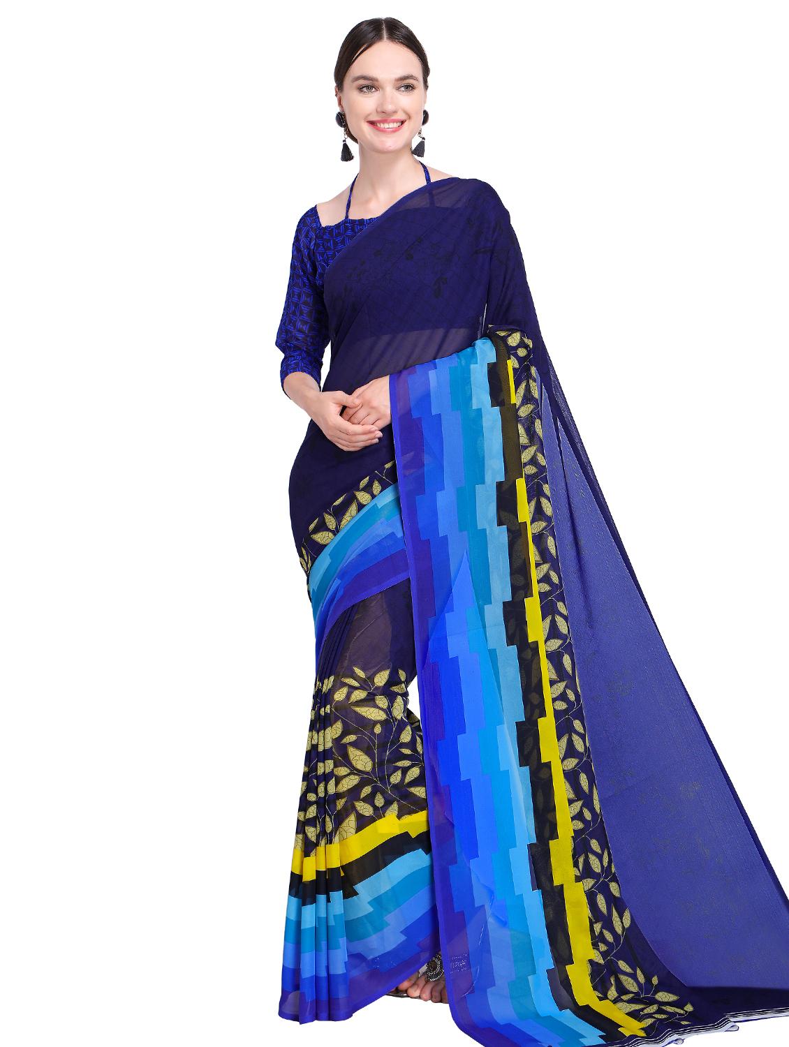 midnight blue printed saree with blouse - 15589917 - Zoom Image - 0