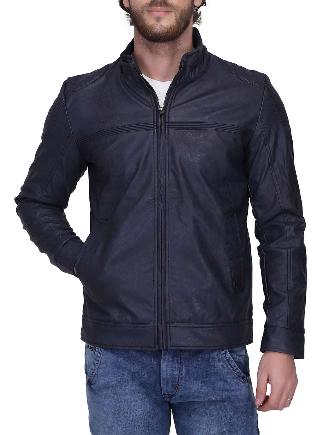 navy blue leather biker jacket