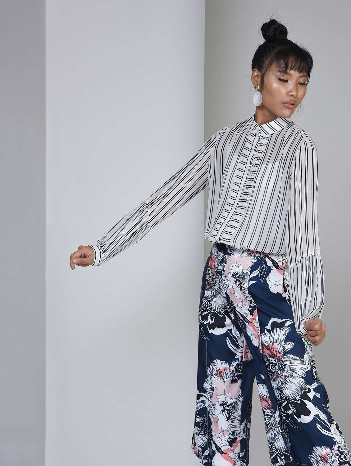 pin-tucked striped button-up shirt