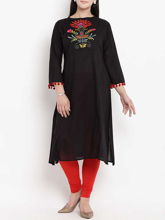 embroidered slit a-line kurta with tassels