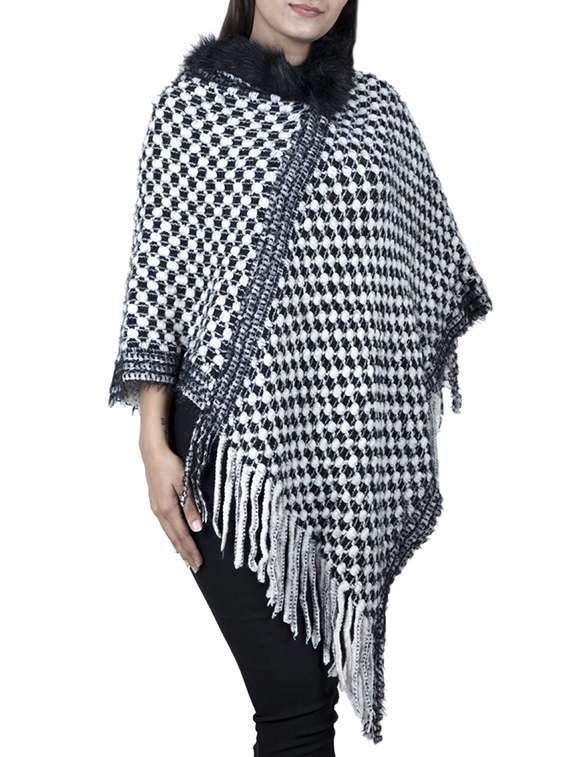 faux fur neck fringed hem poncho