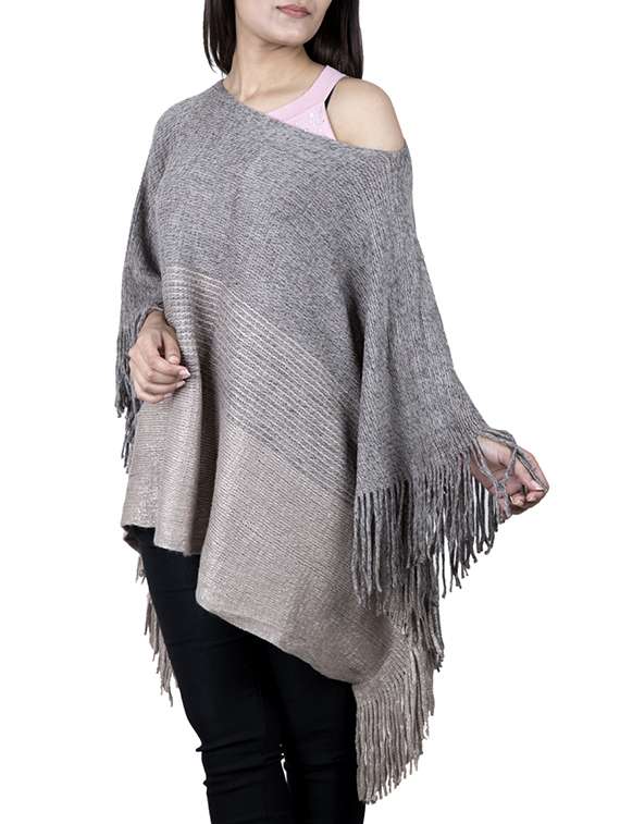 single shoulder fringed hem poncho