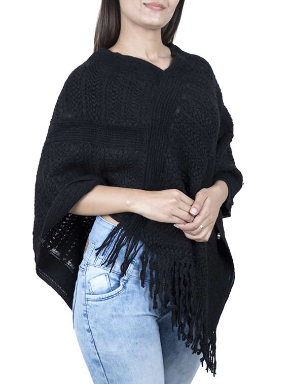 v neck fringed hem poncho