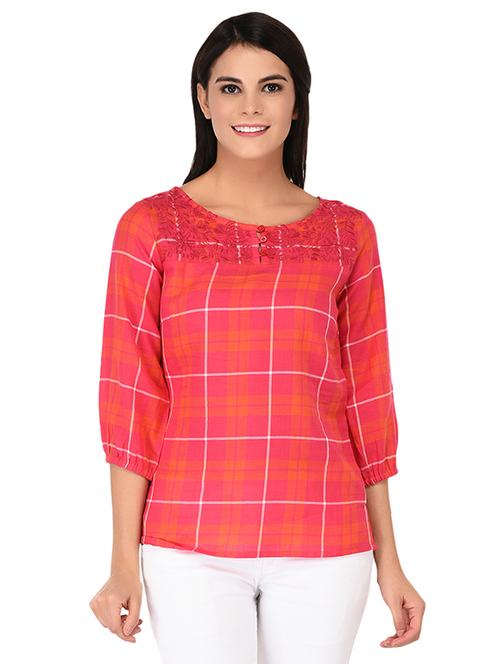 embroidered neck button detail checkered top - 15623564 -  Standard Image - 0
