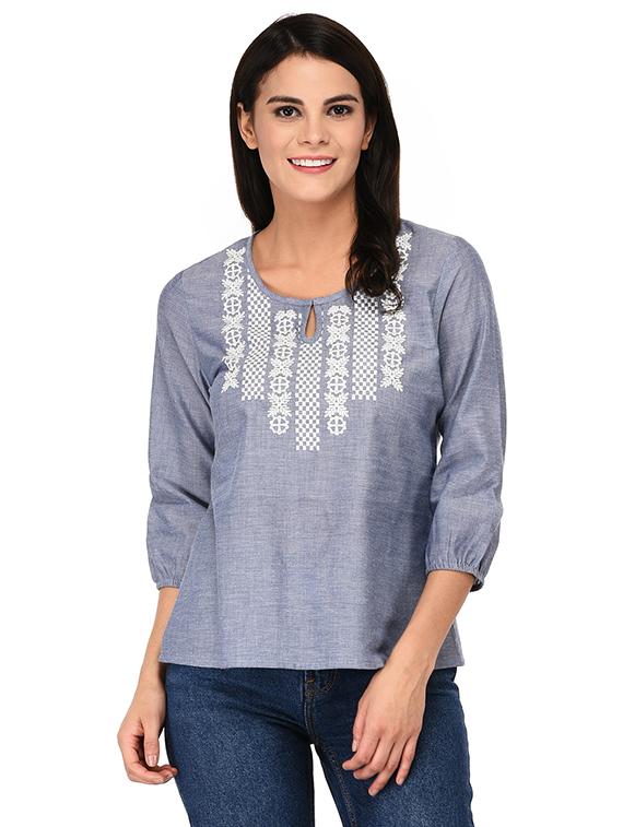 keyhole neck embroidered top - 15623576 - Zoom Image - 0
