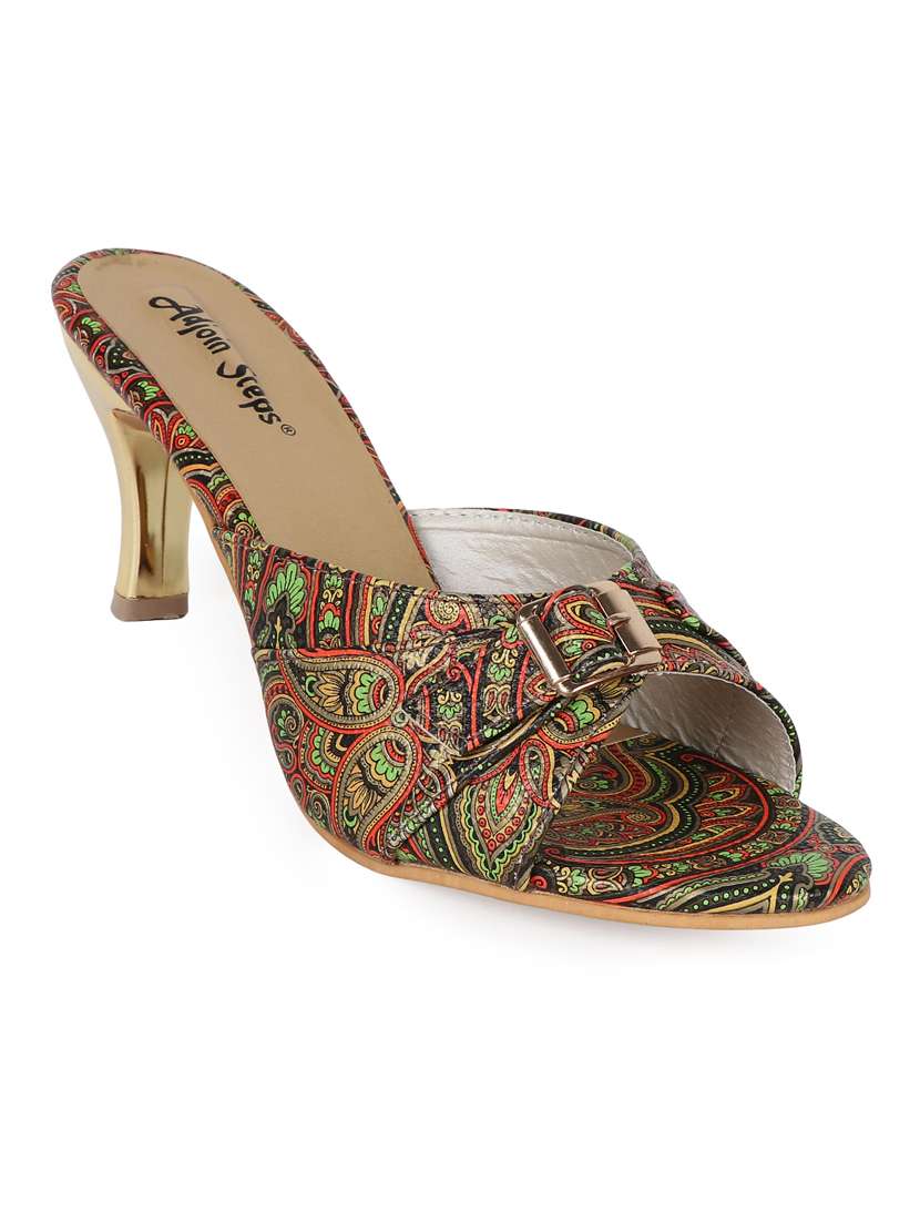 printed slip on cone heel sandal