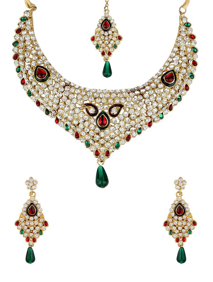 gold tone necklace, earrings & maangteeka set