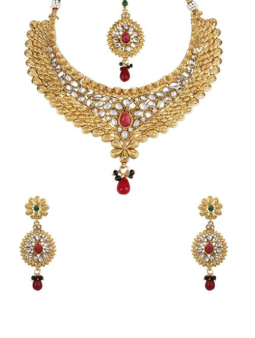 gold tone necklace, earrings & maangteeka set - 15641668 -  Standard Image - 0