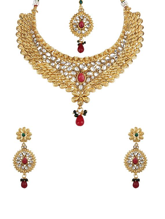 gold tone necklace, earrings & maangteeka set - 15641668 -  Zoom Image - 0