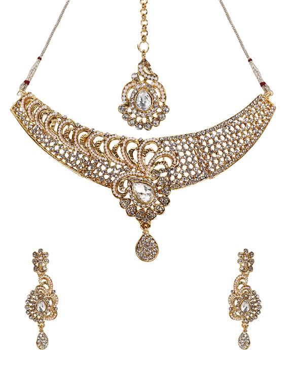 gold tone necklace, earrings & maangteeka set - 15641707 - Zoom Image - 0