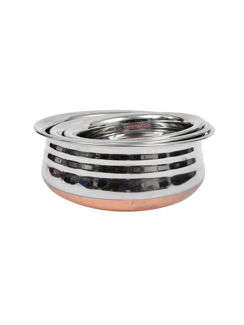 steel copper bottom urli set of 3 ,stainless steel,silver