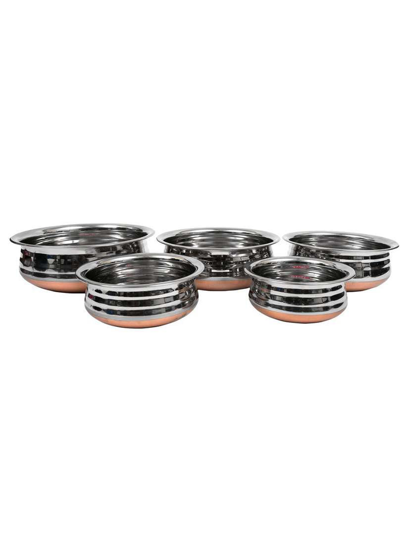 steel copper bottom urli set of 5 ,stainless steel,silver