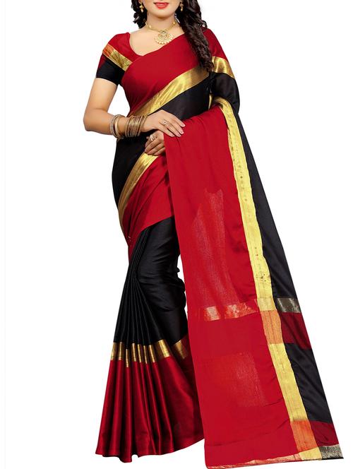 contrast zari border saree with blouse - 15646055 - Standard Image - 0